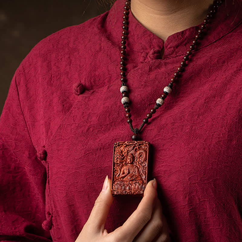 Mythstone Chinese Zodiac Natal Buddha Small Leaf Red Sandalwood Protection Necklace Pendant