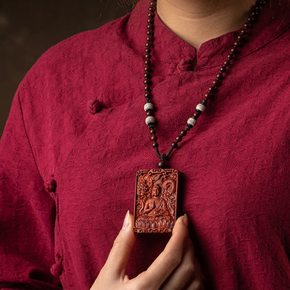 Mythstone Chinese Zodiac Natal Buddha Small Leaf Red Sandalwood Protection Necklace Pendant