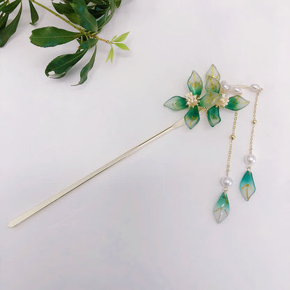 Mythstone Flower Leaf Pearl Peace Tassel Hairpin