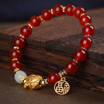 MythStone Year Of The Dragon Red Agate Gray Agate Dumpling Luck Fu Character Bracelet