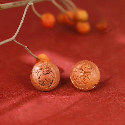 Mythstone Natural Peach Wood Chinese Zodiac Fu Character Carved Cinnabar Wealth Bracelet