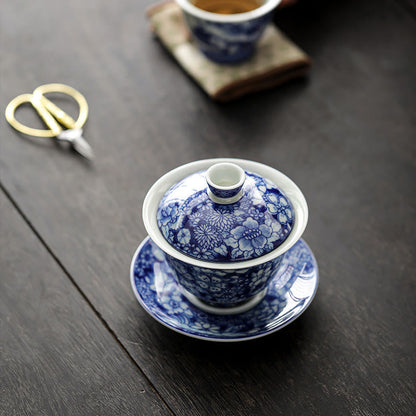 Mythstone Vintage Blue And White Porcelain Ceramic Gaiwan Sancai Teacup Kung Fu Tea Cup And Saucer With Lid