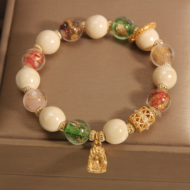 MythStone Tibetan Multicolored Liuli Glass Bead Buddha Lotus Charm Enlightenment Bracelet