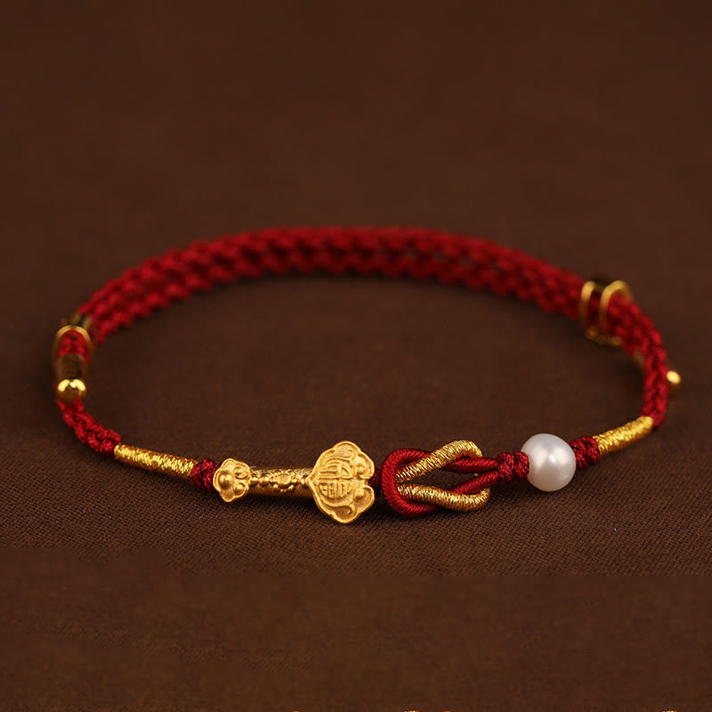 Mythstone 24K Gold Wish Ruyi Handle Fu Character Rabbit Pearl Luck Braided Bracelet