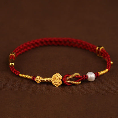 Mythstone 24K Gold Wish Ruyi Handle Fu Character Rabbit Pearl Luck Braided Bracelet