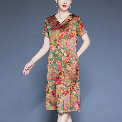 Mythstone V-Neck Green Red Peony Colorful Flowers Short Sleeve Midi Dress With Pockets