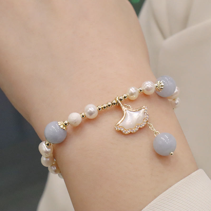 Mythstone Natural Aquamarine Pearl Healing Ginkgo Leaf Butterfly Charm Bracelet