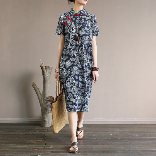 Mythstone Blue White Flower Frog-button Cheongsam Dresses Short Sleeve Linen Dresses With Pockets