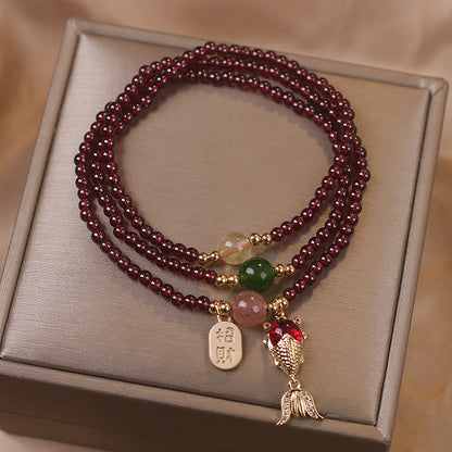 MythStone Natural Garnet Strawberry Quartz Crystal Fox Koi Fish Peace Buckle Fortune Protection Triple Wrap Bracelet