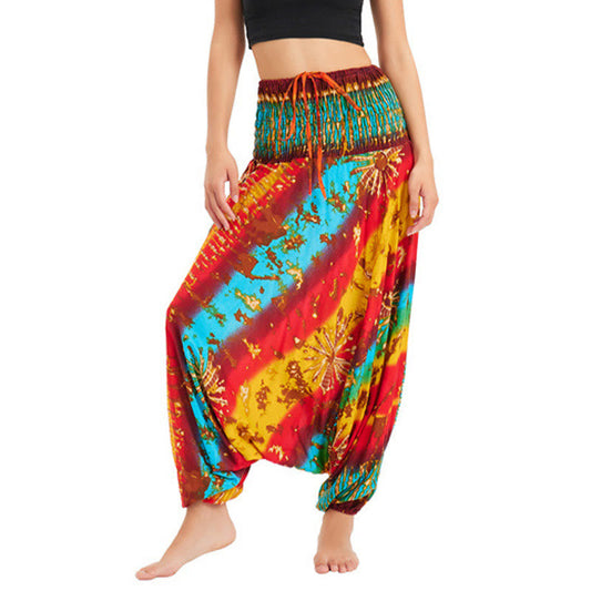 Mythstone Two Style Wear Gradient Colorful Loose Smocked Harem Trousers Jumpsuit High Waist Pants