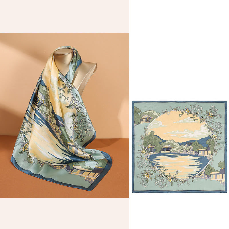 Mythstone Pastoral Scene Hot Air Balloon Spring Blossom 100% Mulberry Silk Neck Hair Scarf