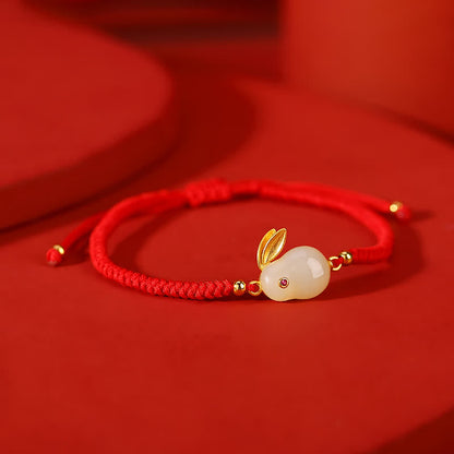 Mythstone 925 Sterling Silver Year of the Rabbit Hetian White Jade Luck Red String Protection Bracelet