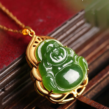 Mythstone 925 Sterling Silver Natural Hetian Cyan Jade Laughing Buddha 18K Gold Healing Necklace Chain Pendant