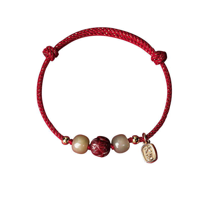 Mythstone 14K Gold Plated Hetian Jade Cinnabar Lotus Luck Handcrafted Rope Bracelet