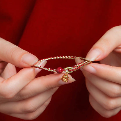 Mythstone Handmade 925 Sterling Silver Lotus Cinnabar Gold Bead Blessing Braid Bracelet