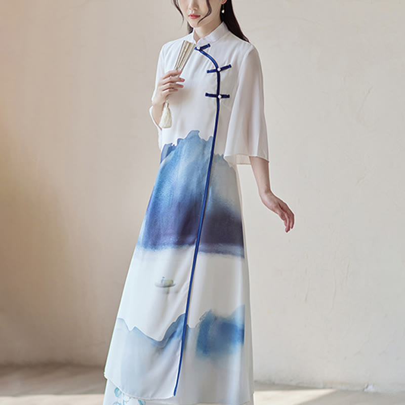 Mythstone Blue Landscape Painting Three Quarter Chinese Cheongsam Midi Dress