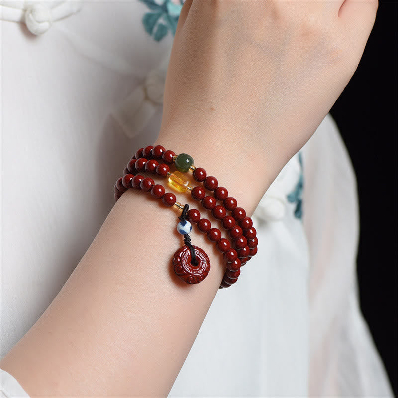 MythStone Tibetan Cinnabar Peace Buckle Triple Wrap Blessing Bracelet Mala