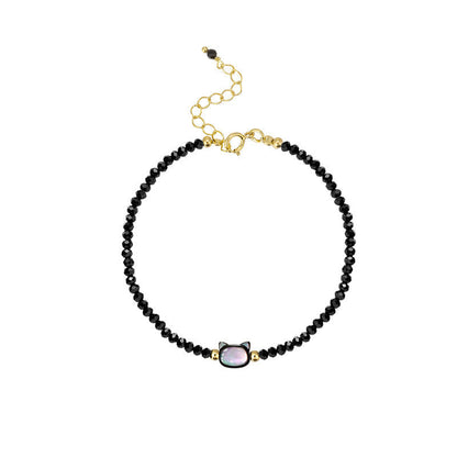 Mythstone 14K Gold Plated Black Spinel White Crystal Cute Cat Tridacna Stone Healing Bracelet