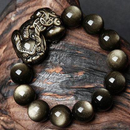 Pulsera protectora de obsidiana dorada PiXiu de FengShui de Mythstone