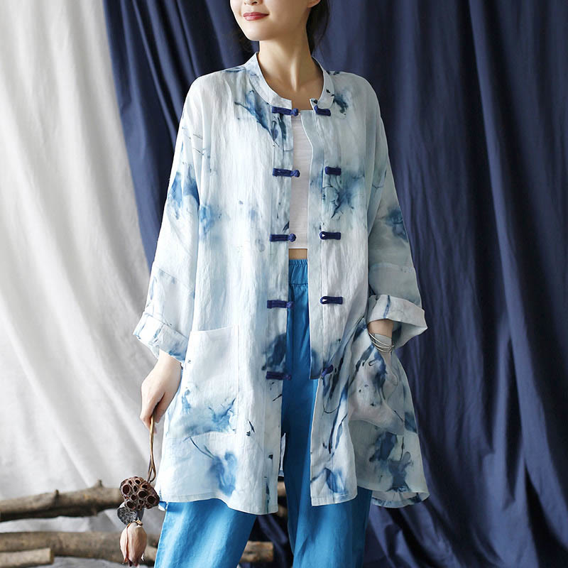 Mythstone Blue White Ink Printing Frog-button Design Long Sleeve Ramie Linen Jacket Shirt With Pockets