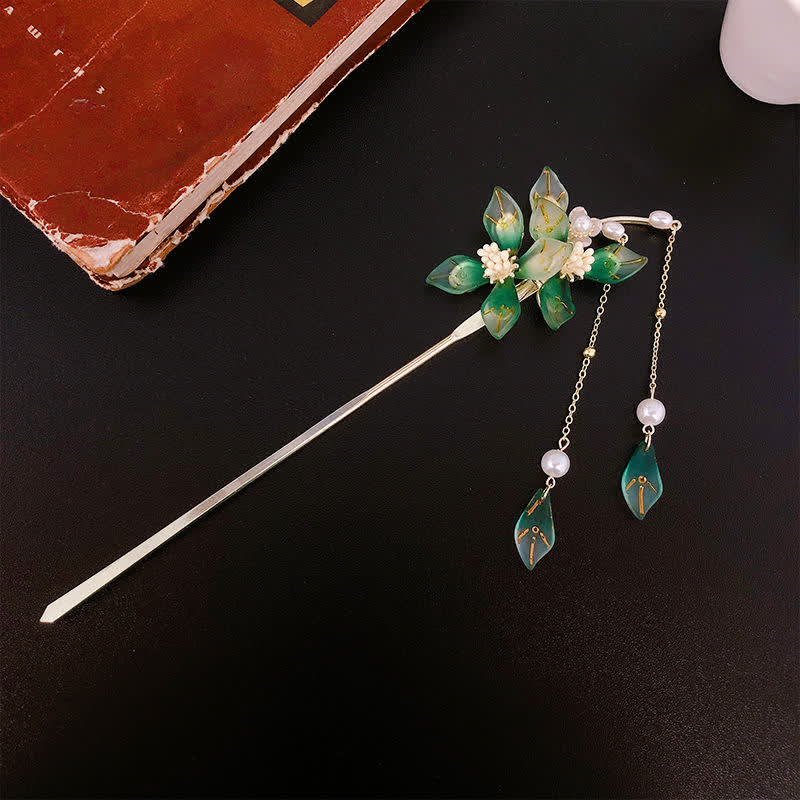 Mythstone Flower Leaf Pearl Peace Tassel Hairpin