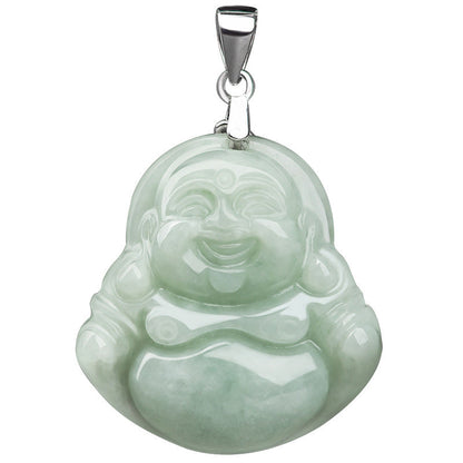 Mythstone 925 Sterling Silver Laughing Buddha Jade Blessing Necklace Chain Pendant