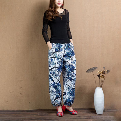 Mythstone Blue Tree Flowers Print Harem Pants With Pockets