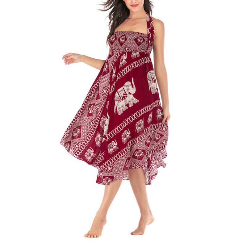 Mythstone Two Style Wear Bohemian Summer Elephant Lines Lace-up Skirt Dress