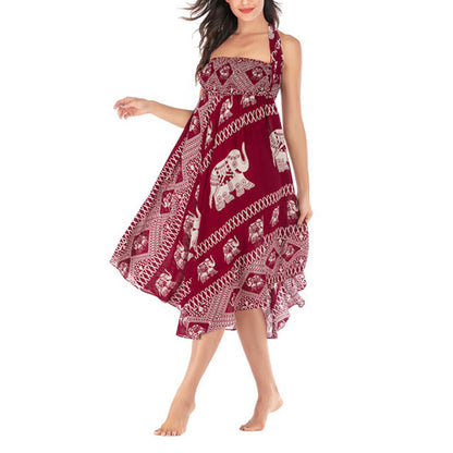 Mythstone Two Style Wear Bohemian Summer Elephant Lines Lace-up Skirt Dress