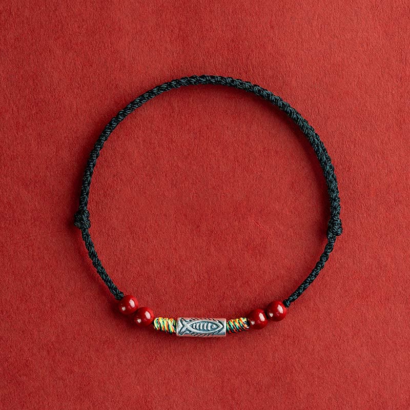 Mythstone 925 Sterling Silver Koi Fish Cinnabar Bead Wealth Handcrafted Braided Bracelet Anklet