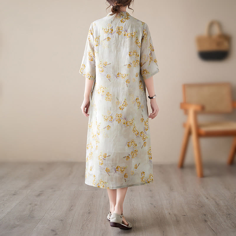 Mythstone Yellow Flowers Print Cheongsam Midi Dress Cotton Linen Half Sleeve Dress With Pockets