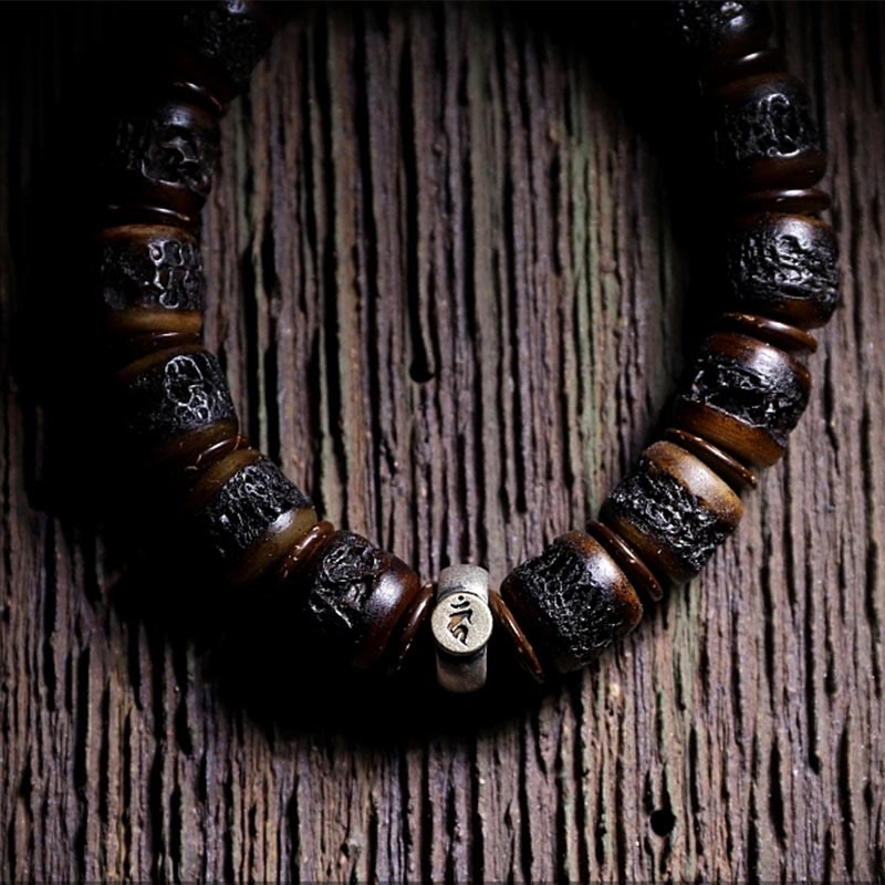 Mythstone 925 Sterling Silver Chinese Zodiac Natal Buddha Handmade Tibet Yak Bone Strength Bracelet