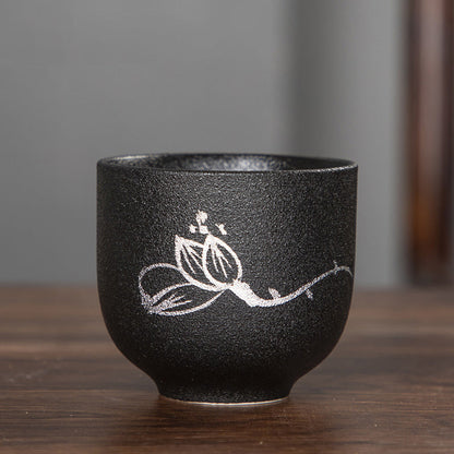 Mythstone Hand Painted Lotus Flower Bamboo Chrysanthemum Black Pottery Ceramic Teacup Kung Fu Tea Cup 95ml