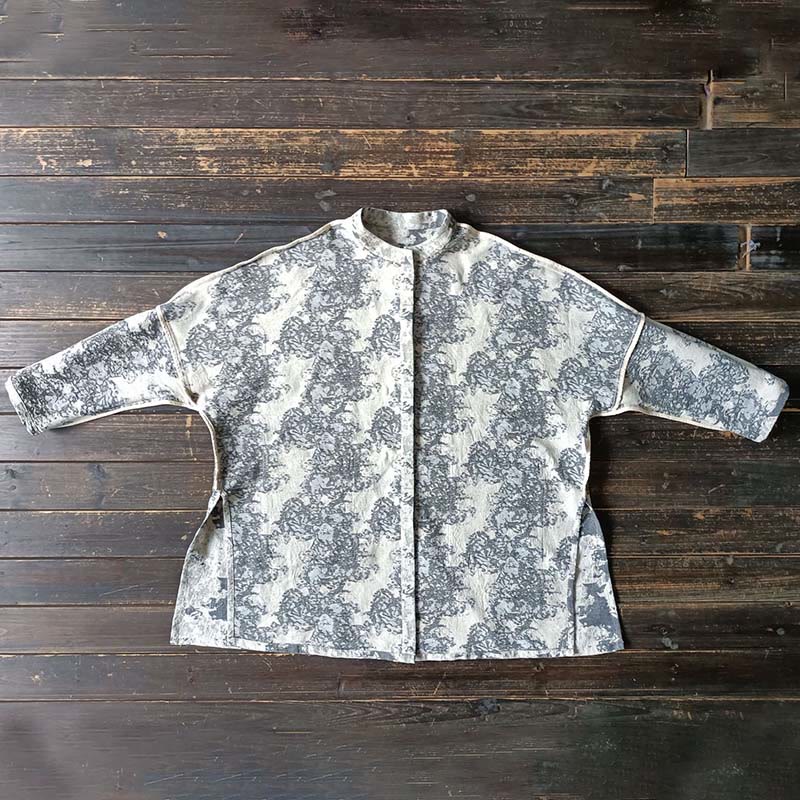 Mythstone Black Gray Beige Print Frog-button Design Long Sleeve Cotton Linen Jacket Shirt With Pockets