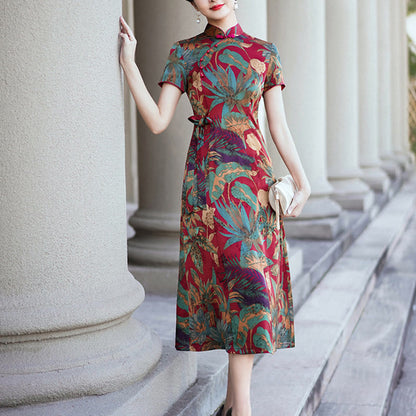 Mythstone Silk Qipao Dress Retro Flower Leaf Pattern Women's Cheongsam Dress