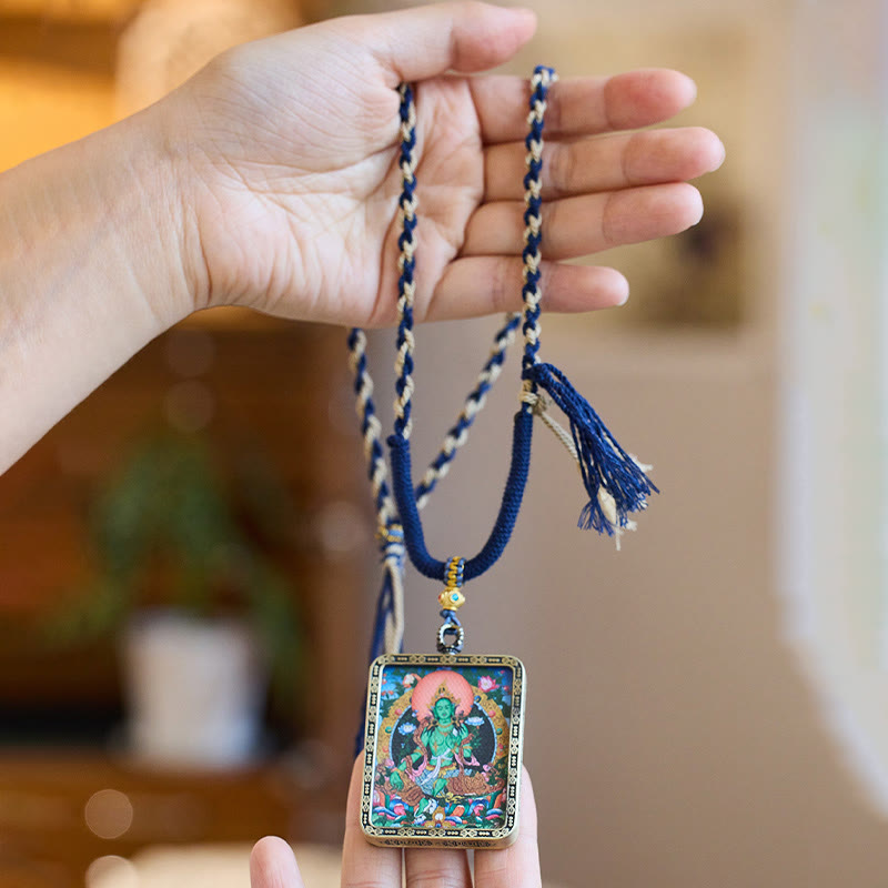 Mythstone Tibetan Green Tara Hand-Painted Thangka Buddha Protection Necklace Pendant