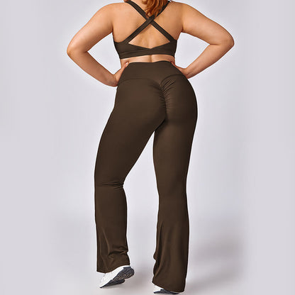 Mythstone PLUS SIZE Backless Criss-Cross Strap Bra Flare Pants Sports Gym Yoga Quick Drying Outfits