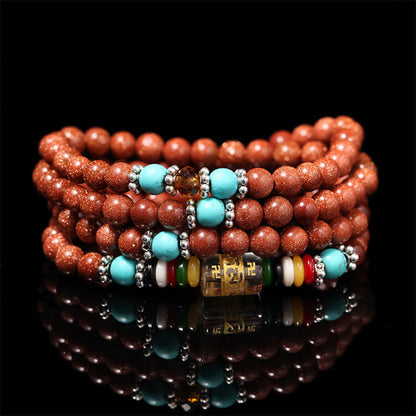 Mythstone 108 Mala Beads Goldstone Om Mani Padme Hum Swastika Confidence Bracelet