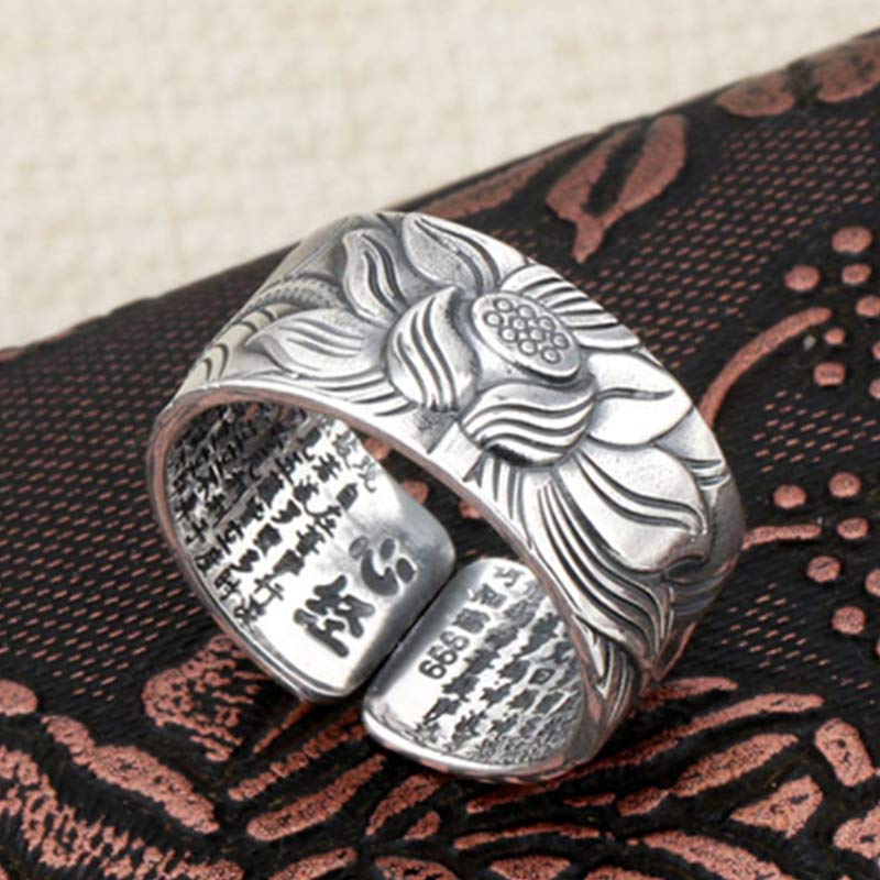 Mythstone 999 Sterling Silver Lotus Symbol Heart Sutra Protection Ring