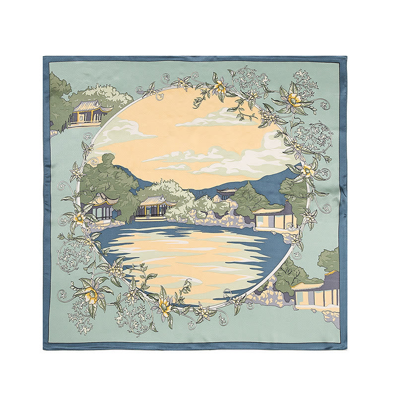 Mythstone Pastoral Scene Hot Air Balloon Spring Blossom 100% Mulberry Silk Neck Hair Scarf