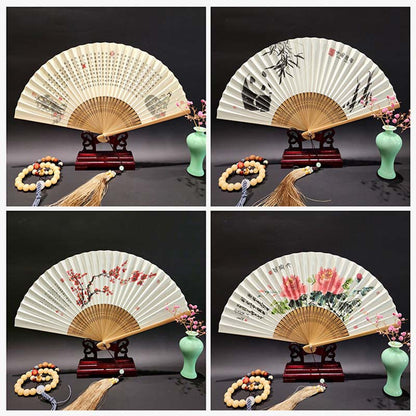 Mythstone A Panorama Of Rivers And Mountains Cranes Orchid Flower Paper Bamboo Handheld Silk Bamboo Folding Fan 22cm