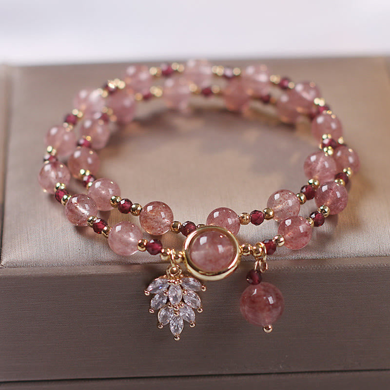 MythStone Natural Strawberry Quartz Love Healing Maple Leaf Charm Double Wrap Bracelet