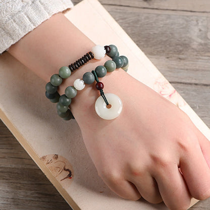 Pulsera de doble vuelta con hebilla de paz y sabiduría, semilla de bodhi, loto y jade cian