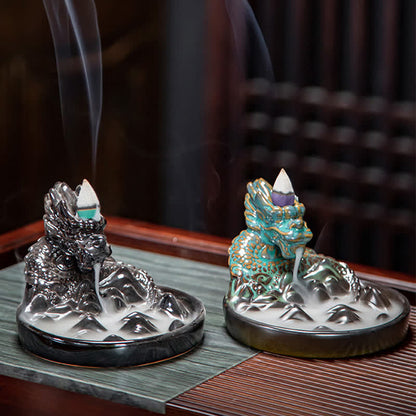 Mythstone Dragon Pattern Ceramic Backflow Smoke Fountain Incense Burner Decoration