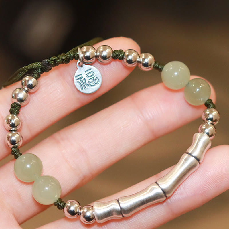 Pulsera de plata de ley 925 con jade natural y bambú y carácter Fu de Mythstone 