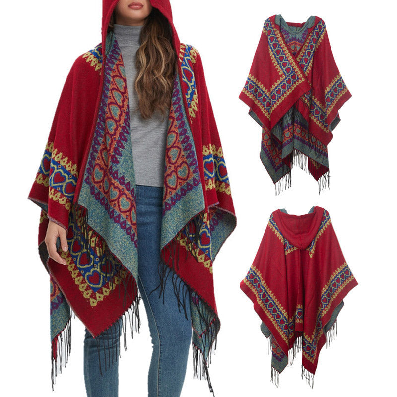 Mythstone Tibetan Shawl Red Love Heart Tassel Hooded Cloak Winter Cozy Travel Scarf Wrap