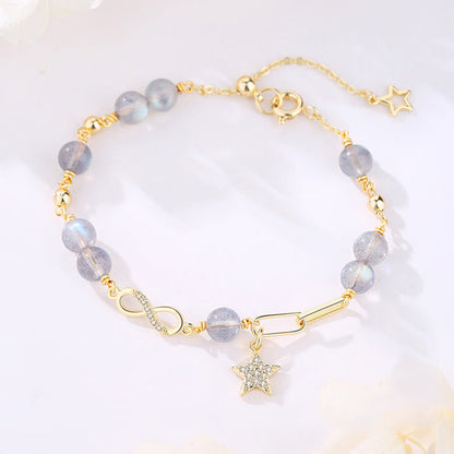 Mythstone 14K Gold Plated Natural Strawberry Quartz Moonstone Möbius Loop Eternal Love Star Positive Bracelet