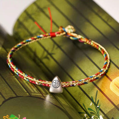 Mythstone 925 Sterling Silver Fu Character Zongzi Pattern Multicolored String Luck Handmade Braided Bracelet