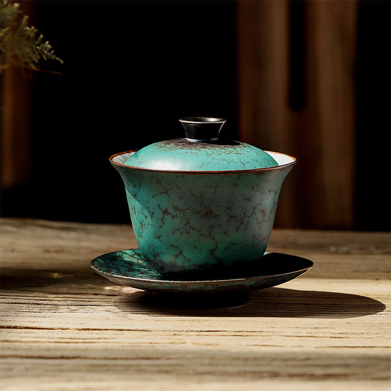 Mythstone Retro Green Glaze Ceramic Gaiwan Sancai Teacup Kung Fu Tea Cup And Saucer With Lid