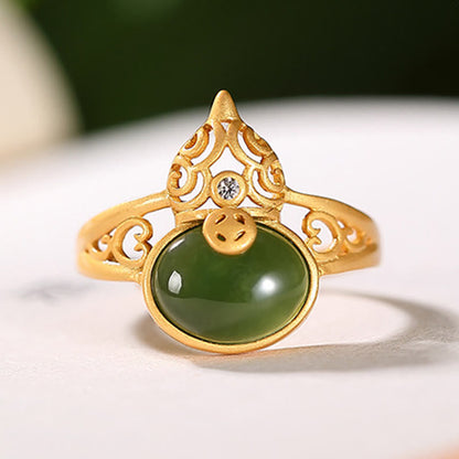 Anillo ajustable con piedra mitológica, calabaza, jade cian, moneda de cobre, suerte y éxito